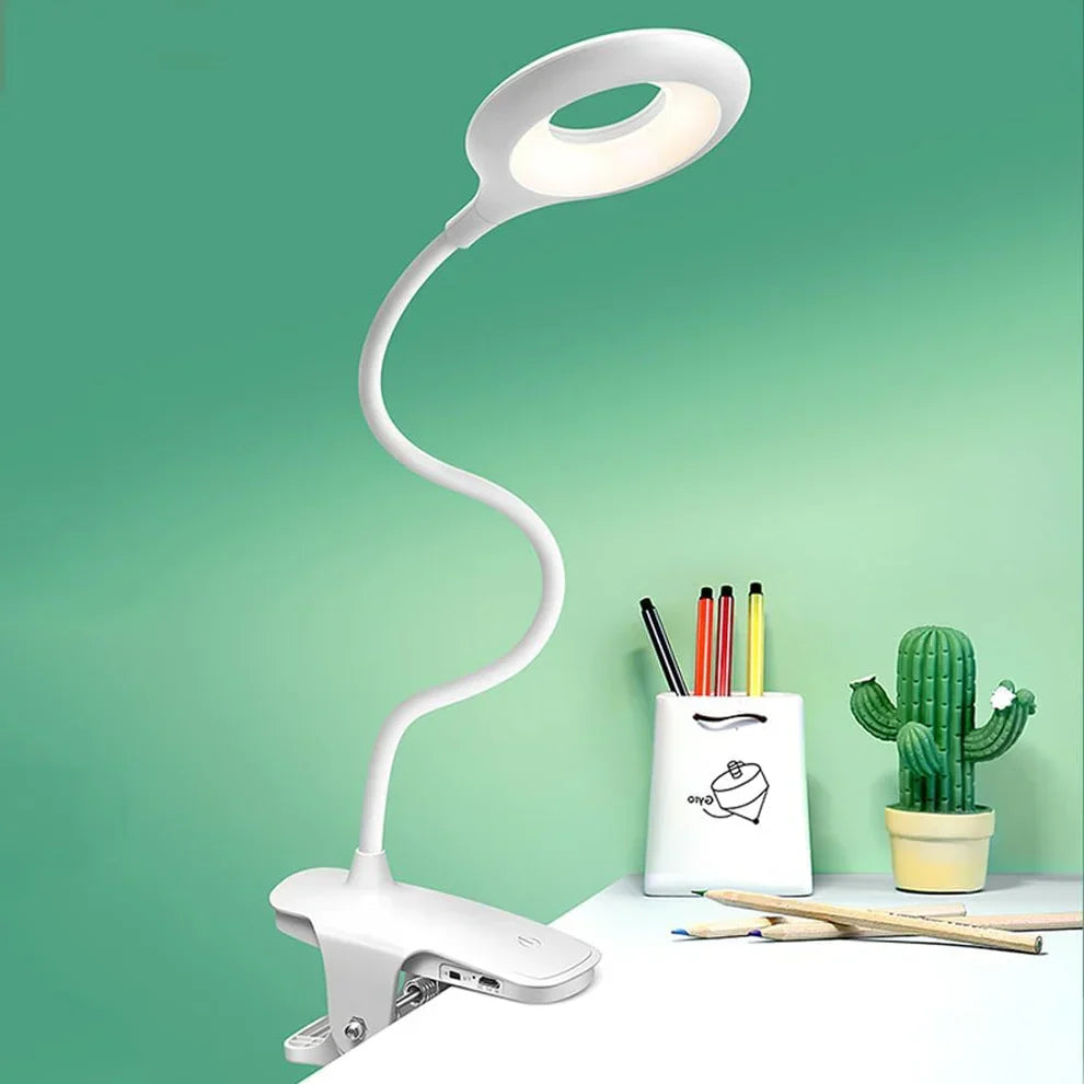 Dimbar LED-läslampa med klämma — uppladdningsbar via USB, svanhals