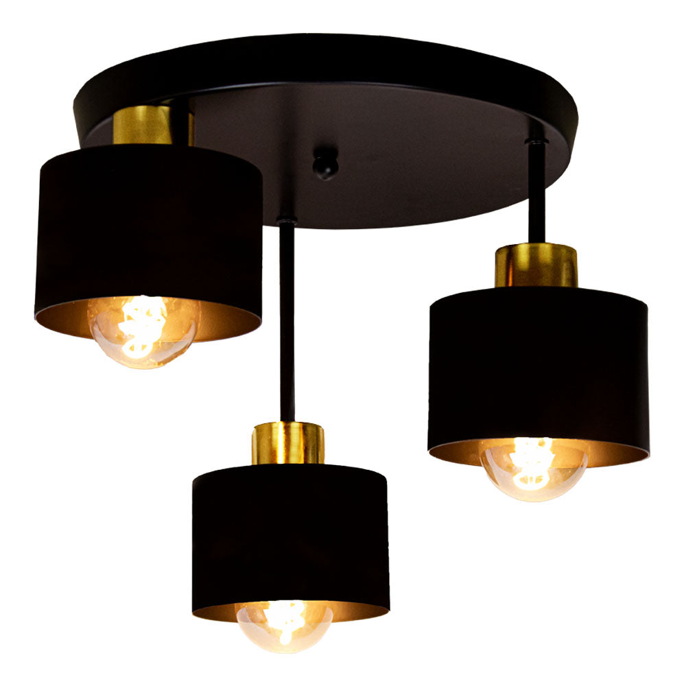 Plafonnier à 3 lumières, métal noir et doré, E27 Ø30cm