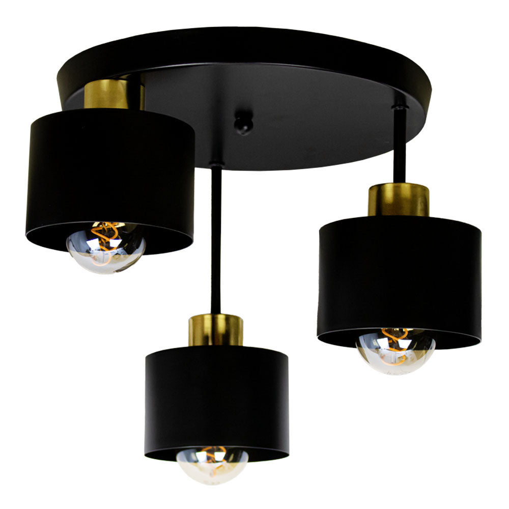 Plafonnier à 3 lumières, métal noir et doré, E27 Ø30cm