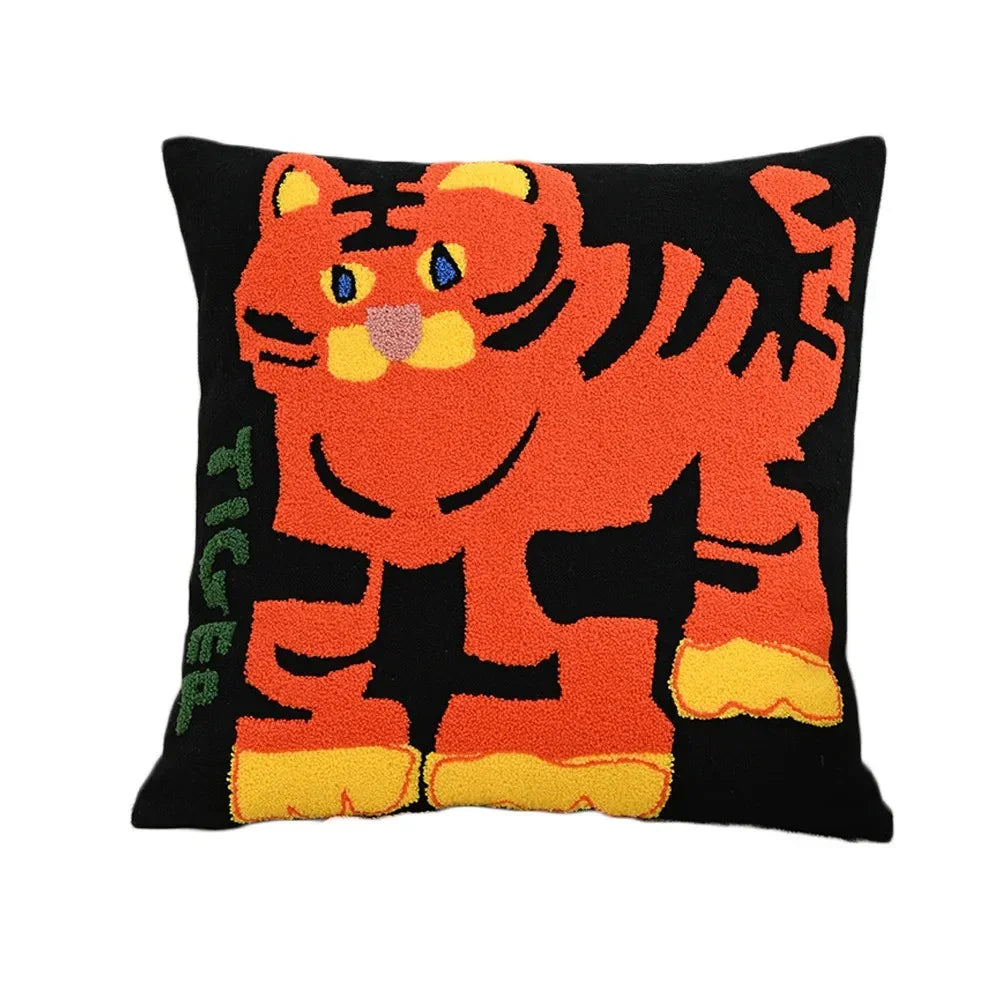 Față de pernă scandinavă cu broderie cu animale, 45x45, poliester și bumbac