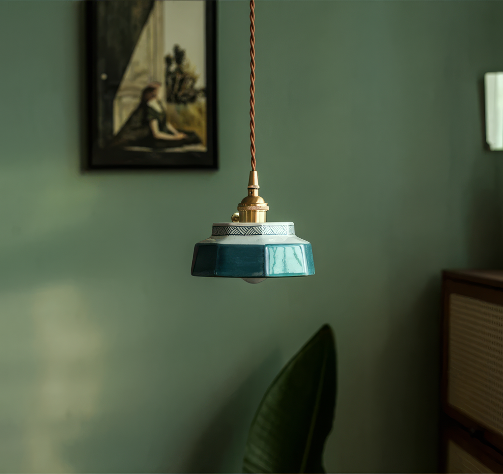 Lampă suspendată din ceramică pictată manual, element de fixare din cupru