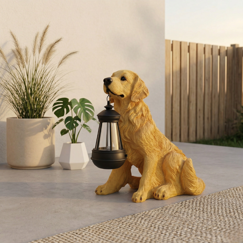 Decorazione da giardino a forma di cucciolo giocoso alimentata a energia solare — design con luce notturna