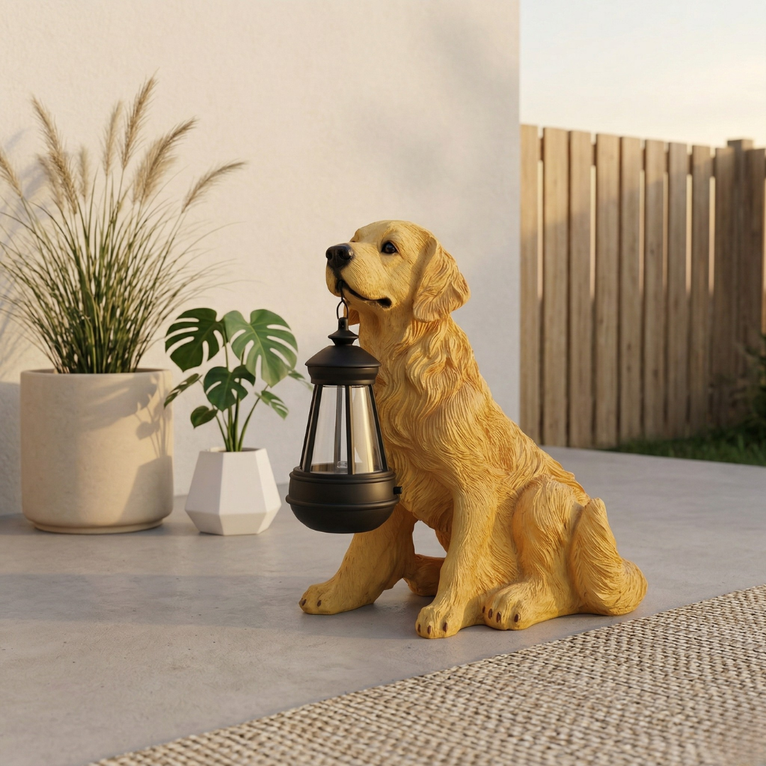Decorazione da giardino a forma di cucciolo giocoso alimentata a energia solare — design con luce notturna