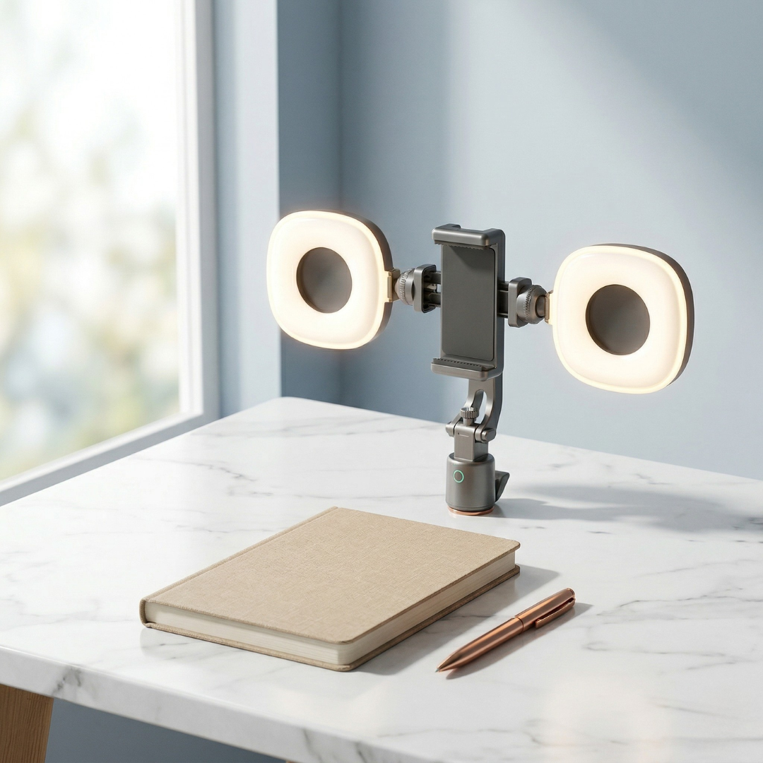 Trípode de vídeo inteligente con seguimiento facial — base giratoria de 360 grados, dos luces de relleno