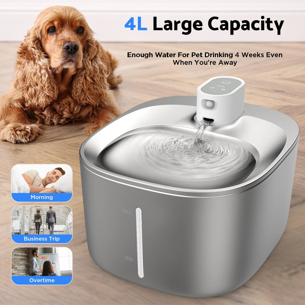 Fuente inteligente de acero inoxidable de 4L para mascotas — Filtro inalámbrico, bomba silenciosa