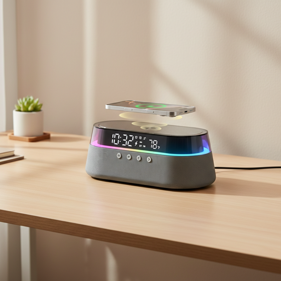 Altavoz Bluetooth compacto con despertador — base de carga inalámbrica de 15W, iluminación ambiental