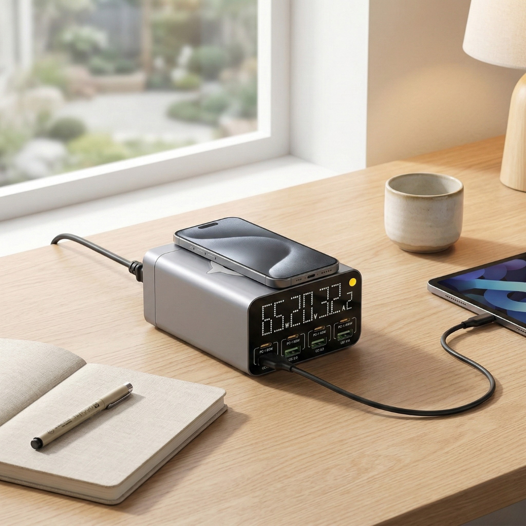 Estación de carga USB de ocho puertos — Salida rápida PD y QC3.0, superficie inalámbrica integrada