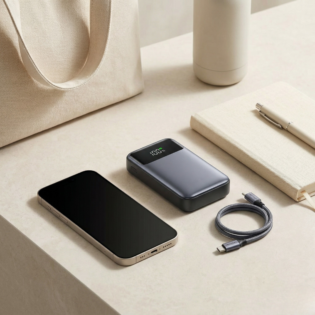 Vention 65W tragbare Powerbank — 20000mAh Kapazität, integriertes USB-C-Kabel