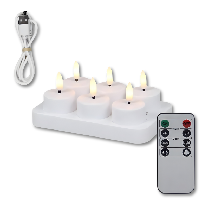Uppladdningsbara LED-ljus med fladdrande sken — fjärrkontroll och timer