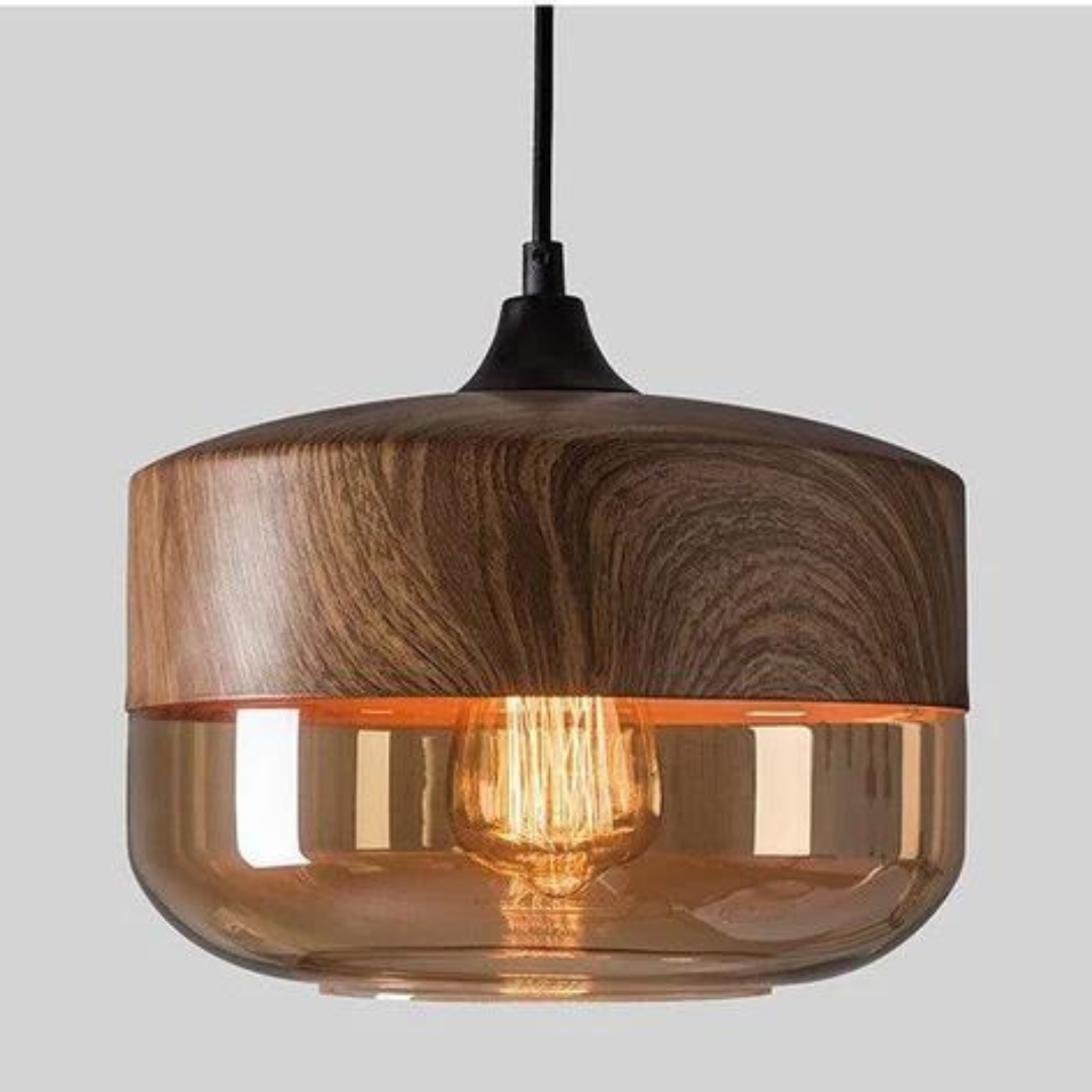 E27-hanglamp — verstelbaar glas, metaal met houtlook