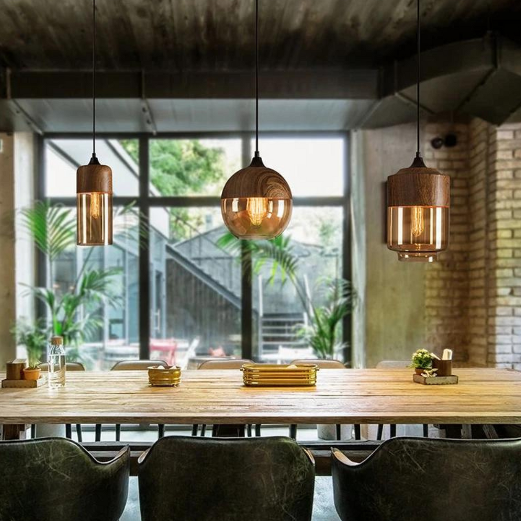 E27-hanglamp — verstelbaar glas, metaal met houtlook