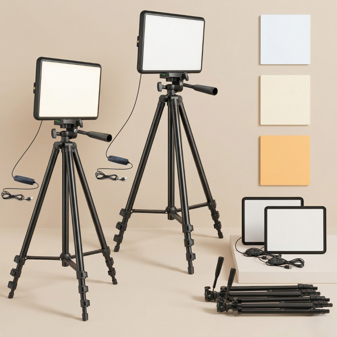 Doppeltes LED-Videoleuchten-Set – USB-betrieben, 2800K–6500K einstellbar, zwei ausziehbare Dreibeinstative
