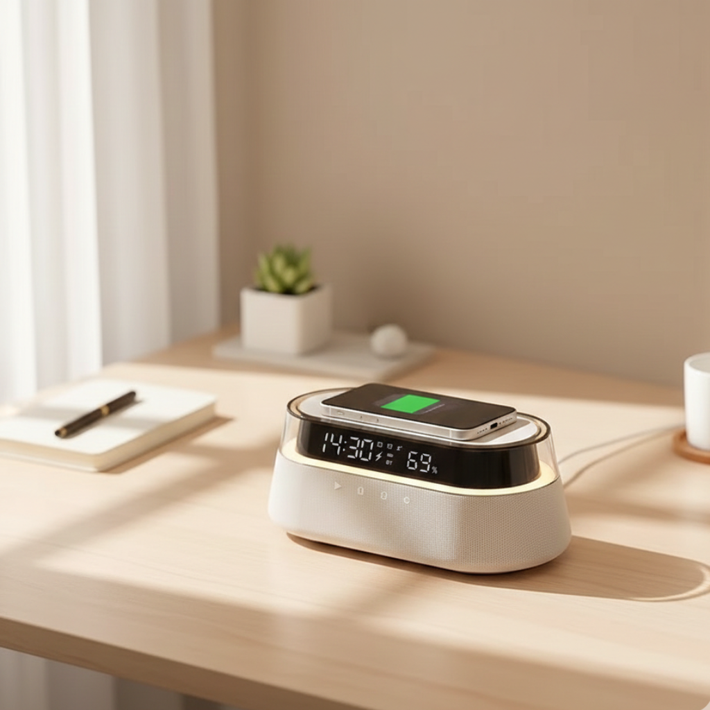 Altavoz Bluetooth compacto con despertador — base de carga inalámbrica de 15W, iluminación ambiental