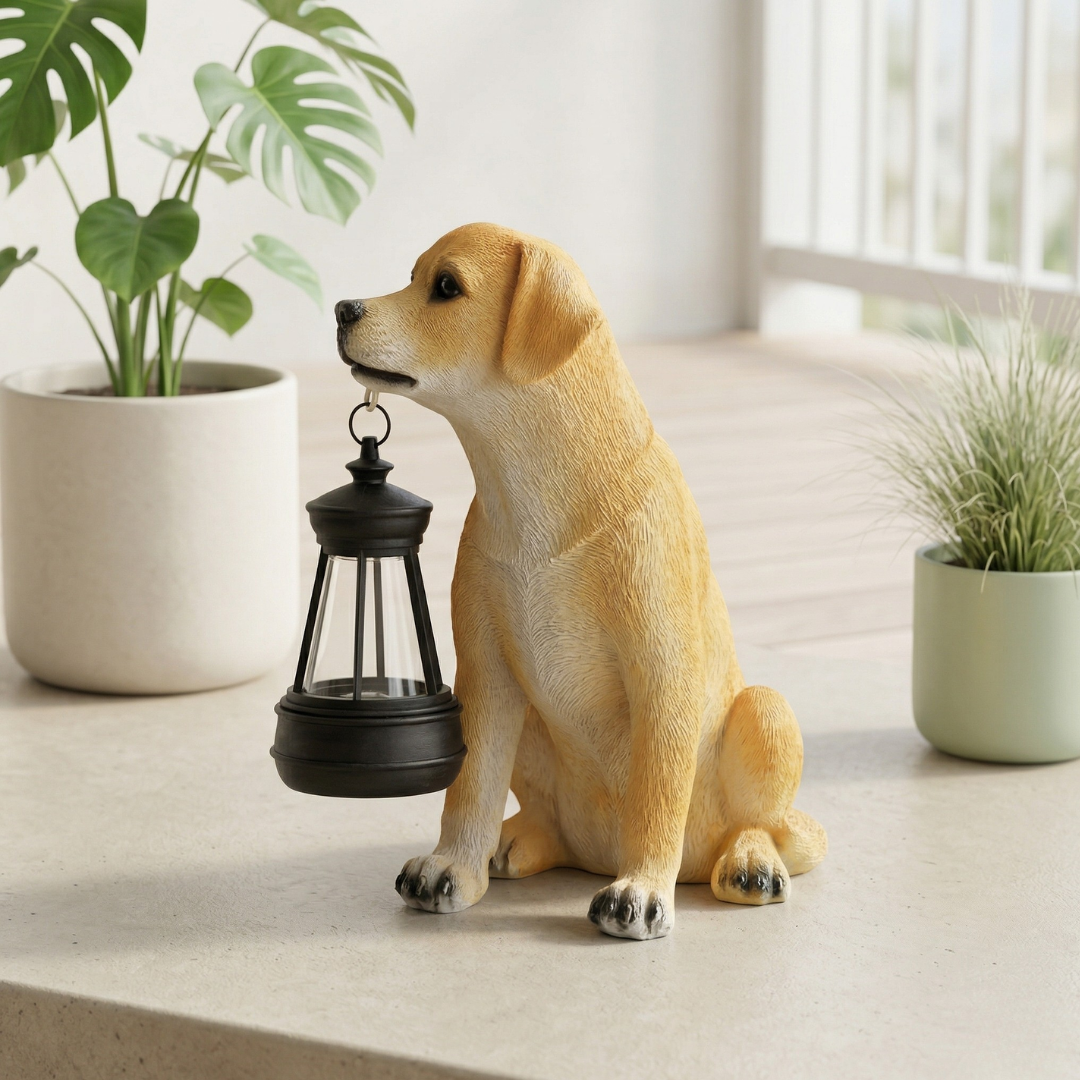 Estátua canina alimentada por energia solar — Leve, carregamento à luz do dia, brilho quente noturno