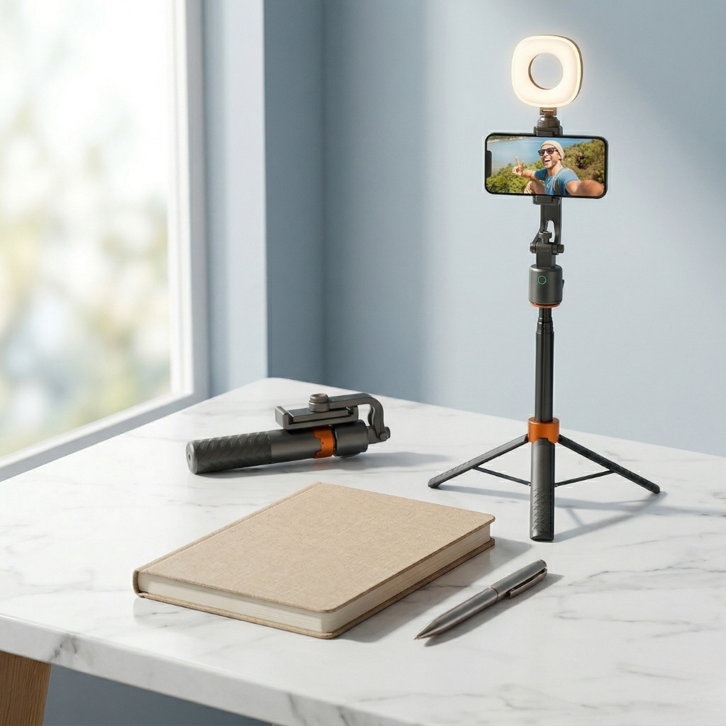 Trípode de vídeo inteligente con seguimiento facial — base giratoria de 360 grados, dos luces de relleno