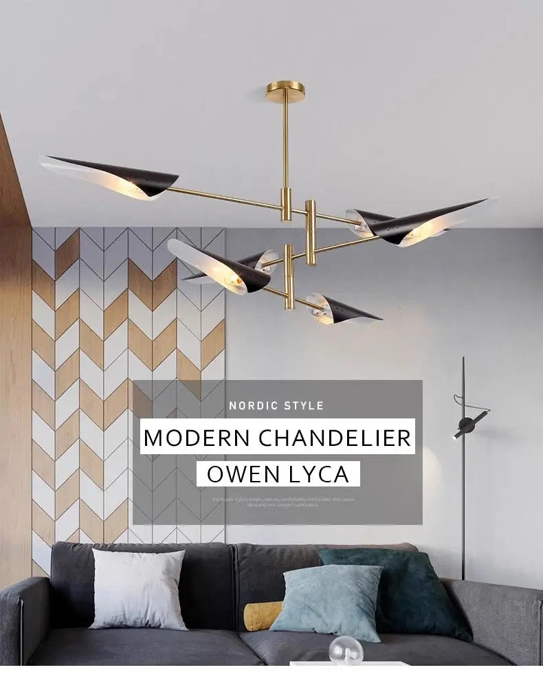 Astra Horizon Contemporary Chandelier — Black Driftwood Shading, Brass Structural Details