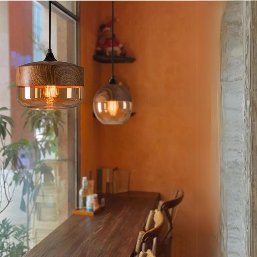 E27-hanglamp — verstelbaar glas, metaal met houtlook