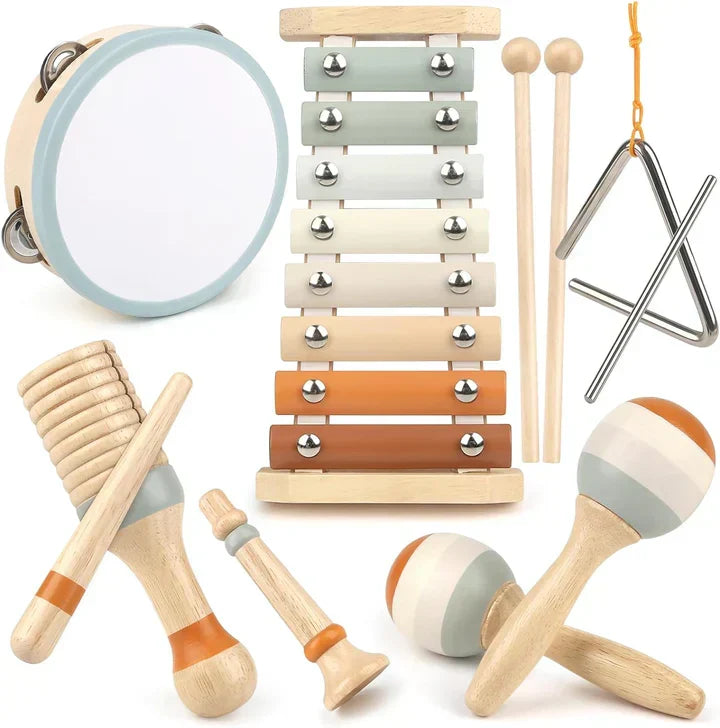 Set muzical Montessori: xilofon, tamburină, shaker și tobă