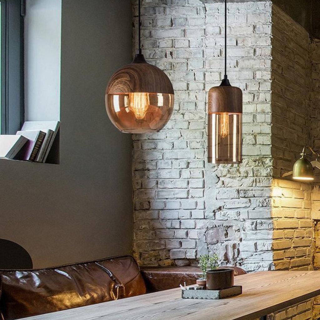 E27-hanglamp — verstelbaar glas, metaal met houtlook