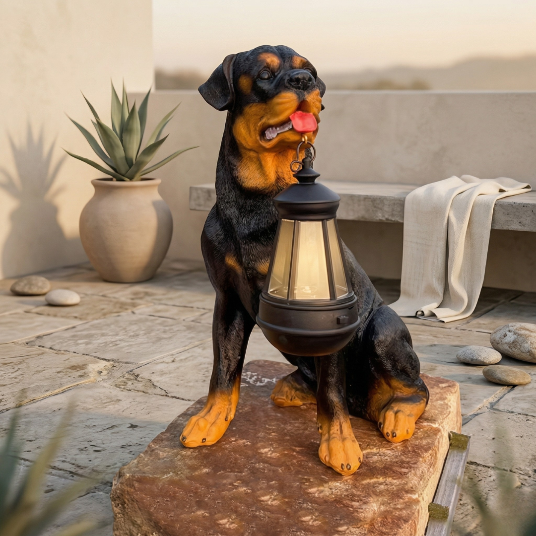 Decorazione da giardino a forma di cucciolo giocoso alimentata a energia solare — design con luce notturna