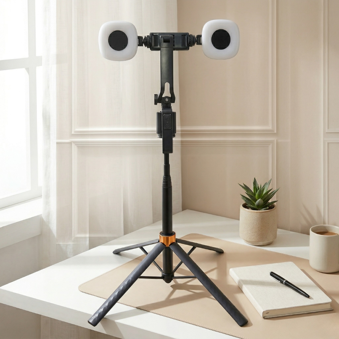 Trípode de vídeo inteligente con seguimiento facial — base giratoria de 360 grados, dos luces de relleno