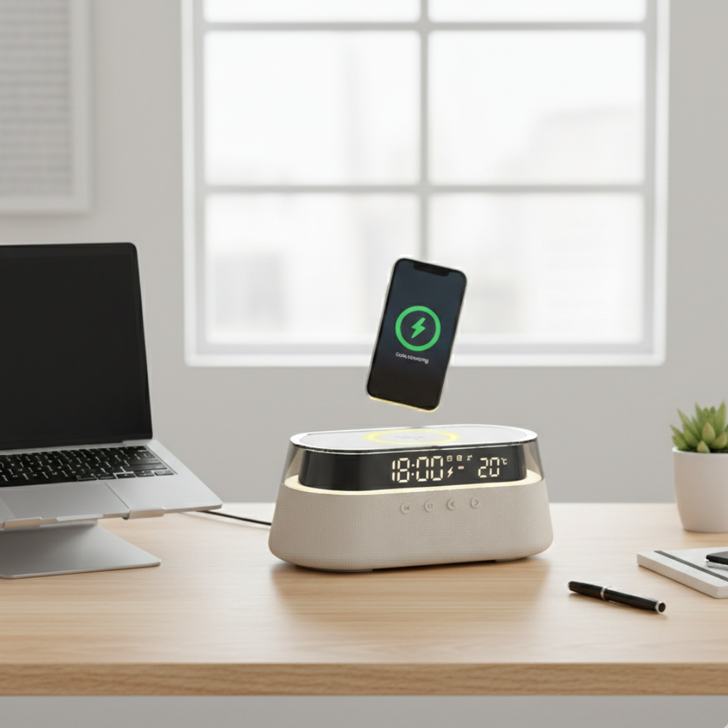 Altavoz Bluetooth compacto con despertador — base de carga inalámbrica de 15W, iluminación ambiental