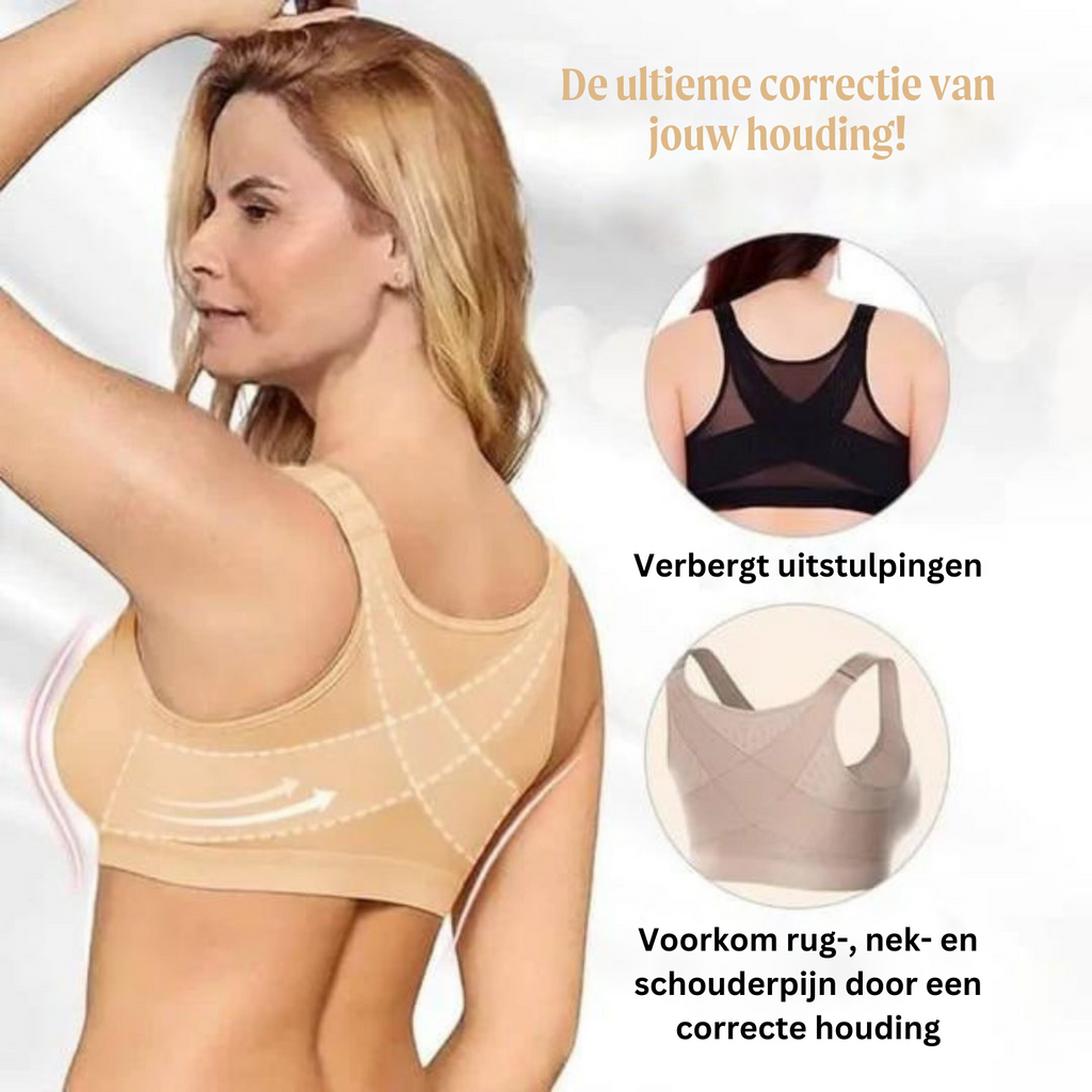 Hållningsstödjande bh — knäppning fram, svart, beige och vit