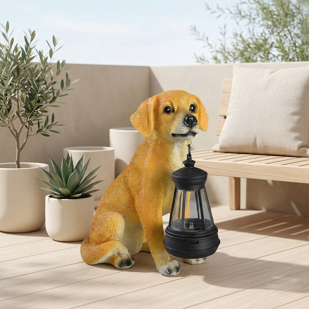 Estátua canina alimentada por energia solar — Leve, carregamento à luz do dia, brilho quente noturno