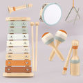 Set muzical Montessori: xilofon, tamburină, shaker și tobă