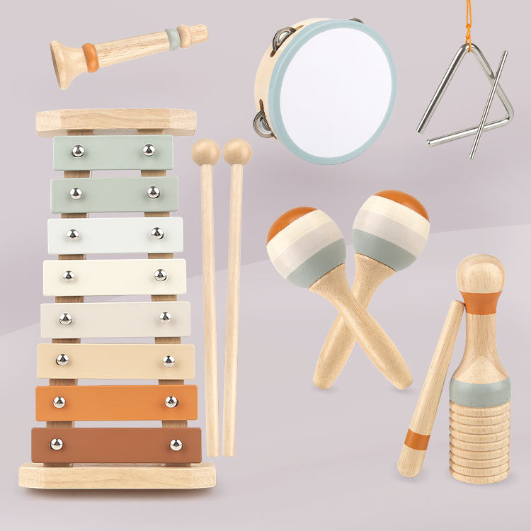 Set muzical Montessori: xilofon, tamburină, shaker și tobă