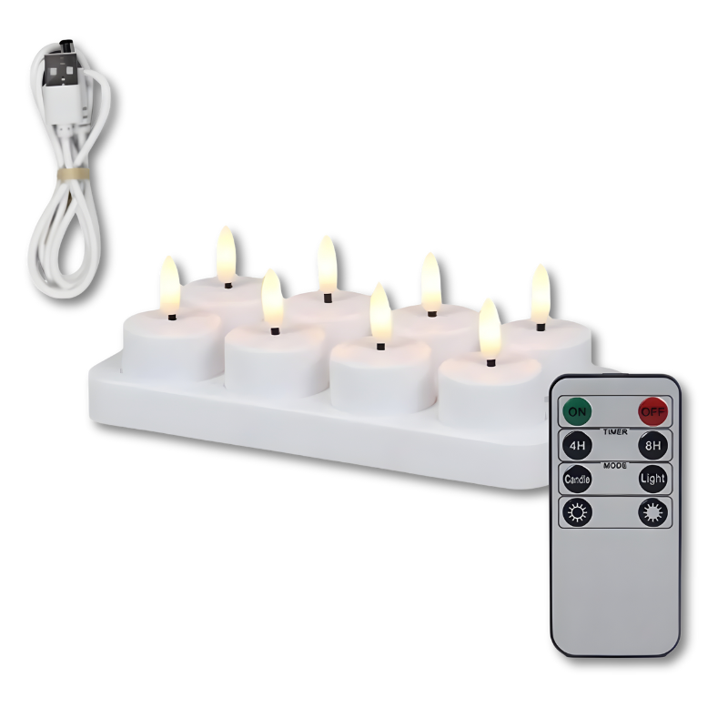 Uppladdningsbara LED-ljus med fladdrande sken — fjärrkontroll och timer