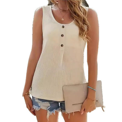 T-shirt femme tendance, texturé, avec boutons, coupe loose, col rond, décontracté