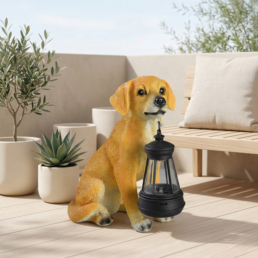 Estátua canina alimentada por energia solar — Leve, carregamento à luz do dia, brilho quente noturno