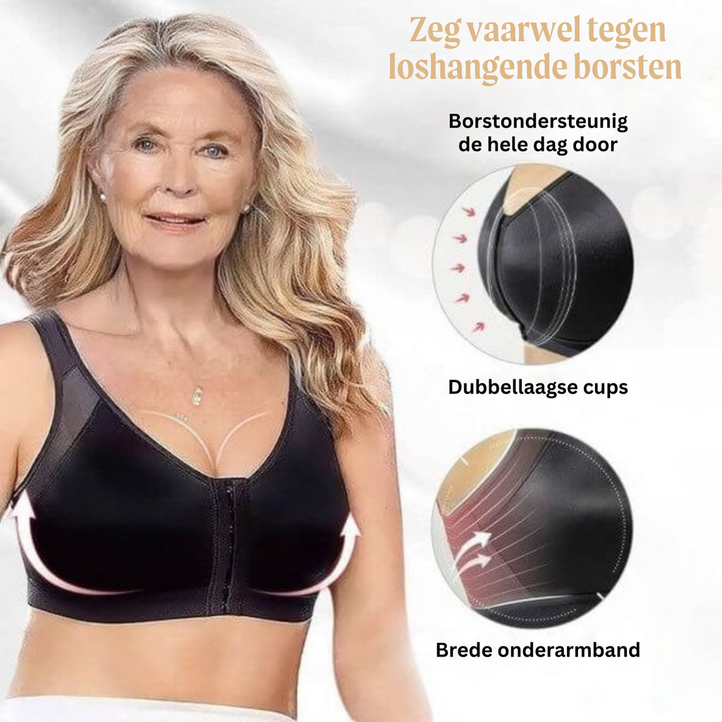 Hållningsstödjande bh — knäppning fram, svart, beige och vit