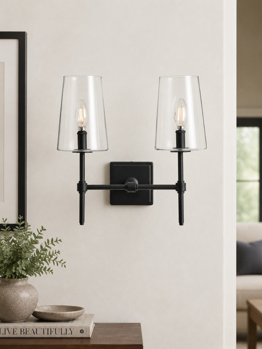 Wandlamp van helder glas — configuratie van één tot drie lampen