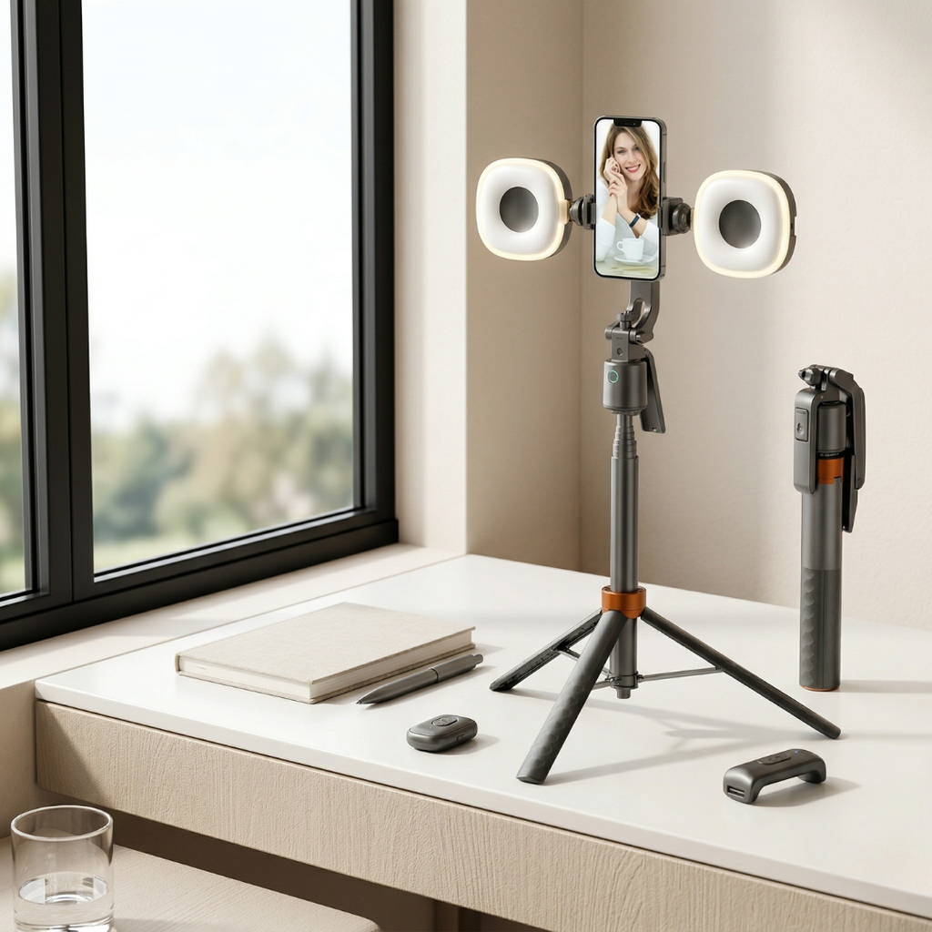 Trípode de vídeo inteligente con seguimiento facial — base giratoria de 360 grados, dos luces de relleno