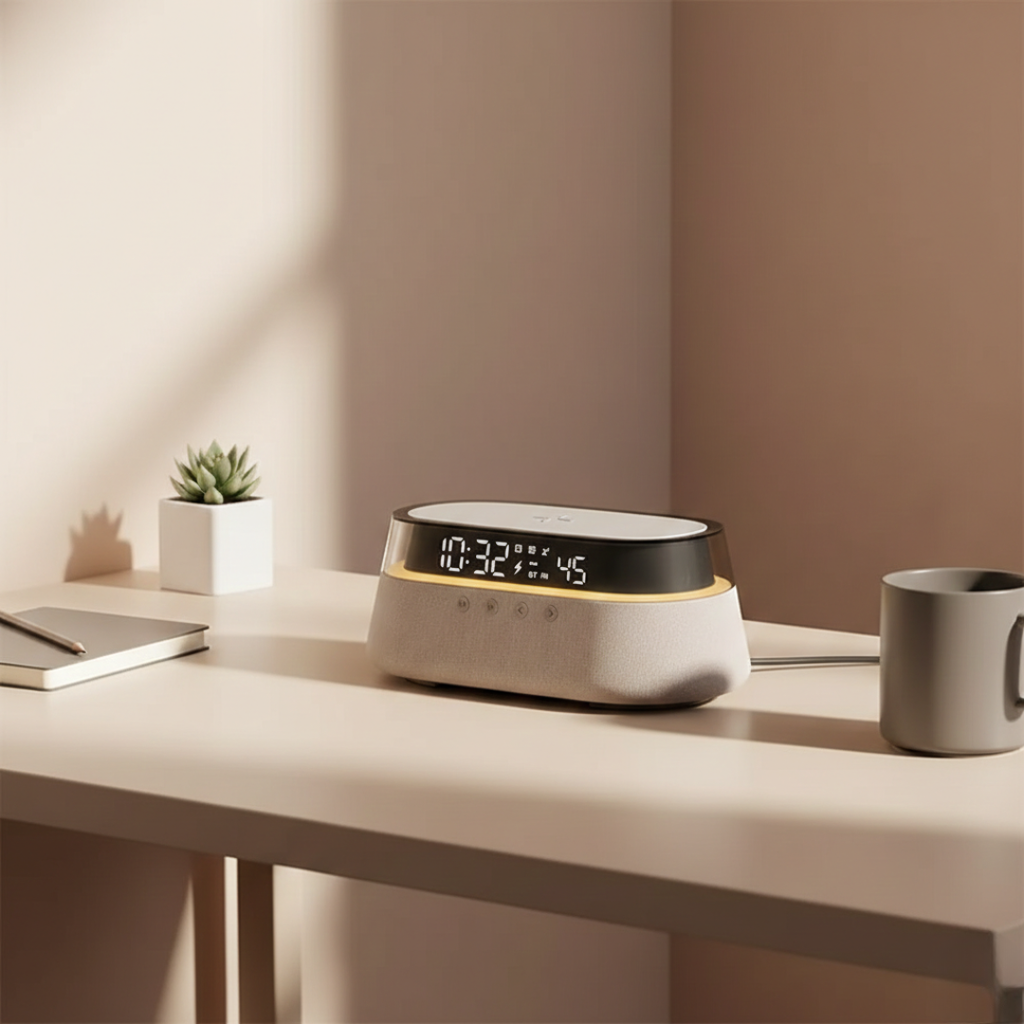 Altavoz Bluetooth compacto con despertador — base de carga inalámbrica de 15W, iluminación ambiental