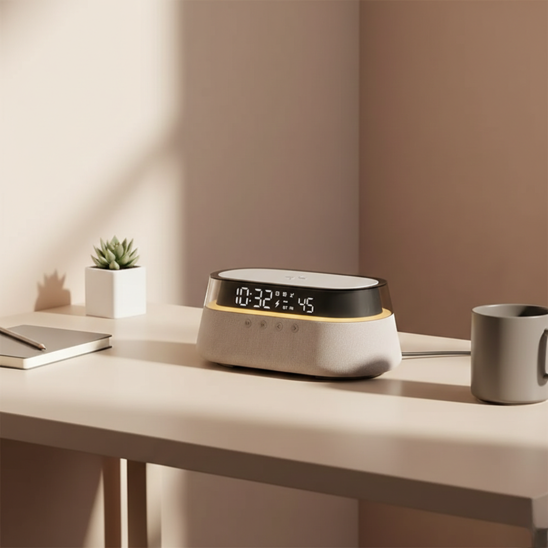 Altavoz Bluetooth compacto con despertador — base de carga inalámbrica de 15W, iluminación ambiental