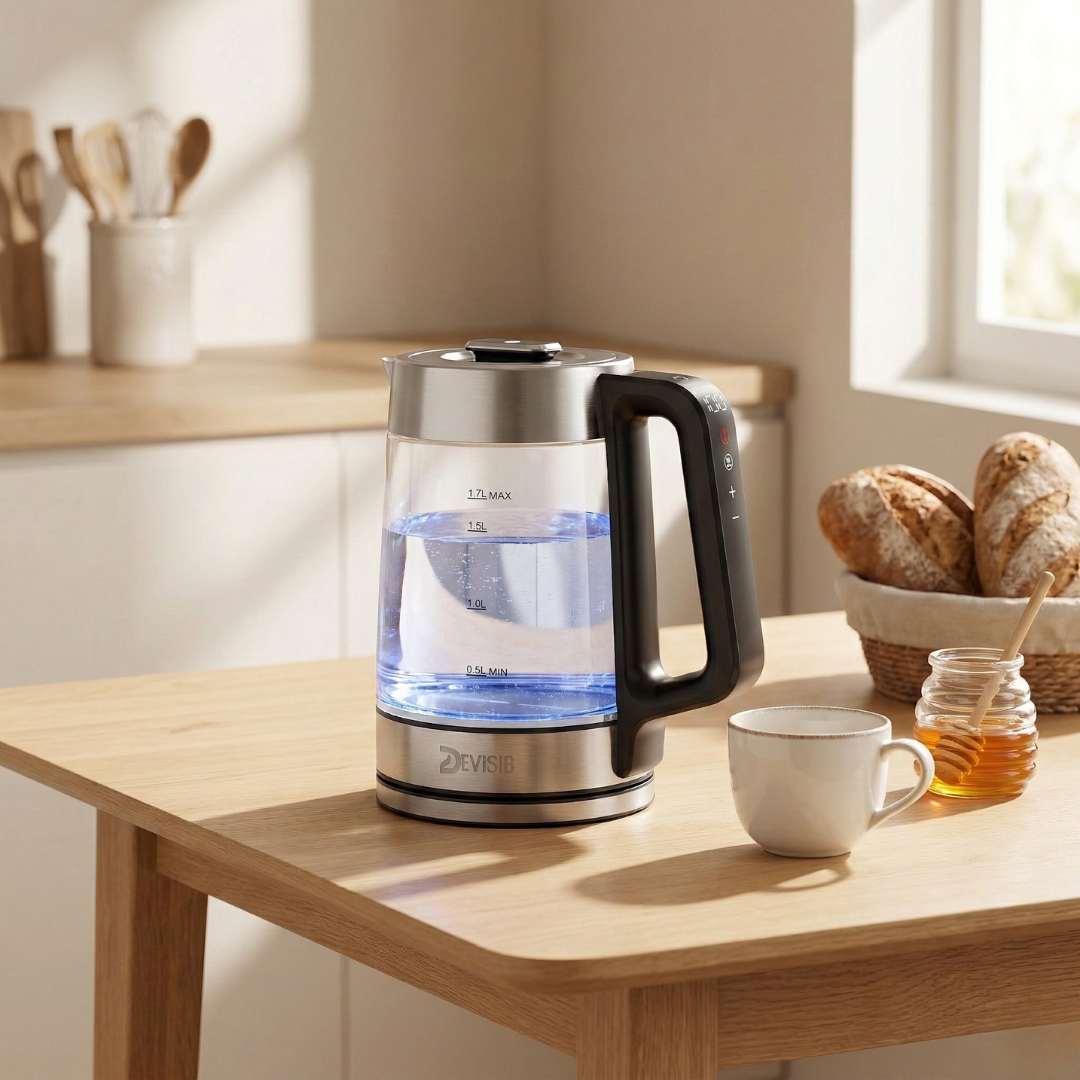 Hervidor eléctrico inteligente de vidrio Devisib — doble pared, indicador digital de temperatura y controles con dial