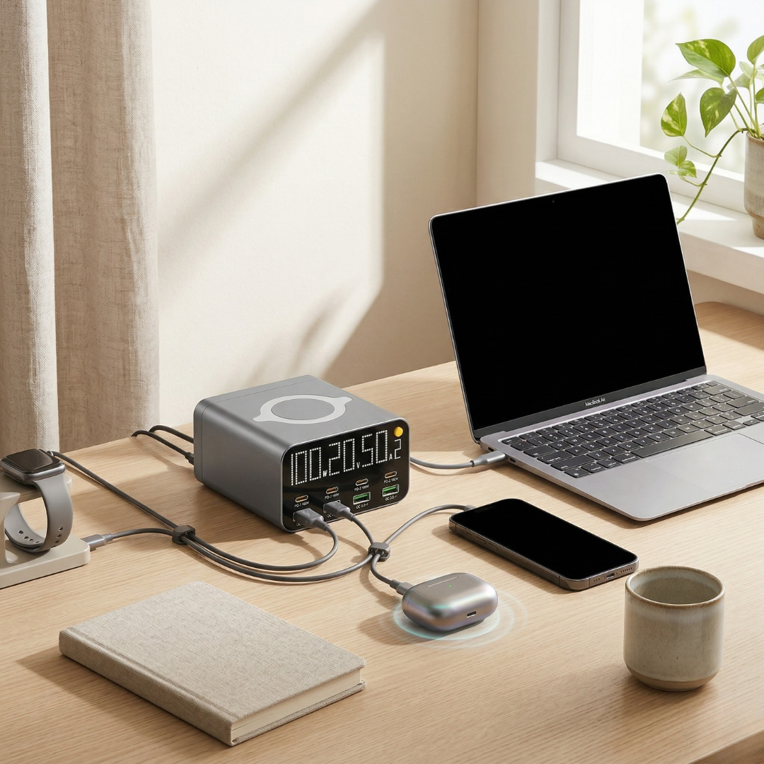 Estación de carga USB de ocho puertos — Salida rápida PD y QC3.0, superficie inalámbrica integrada