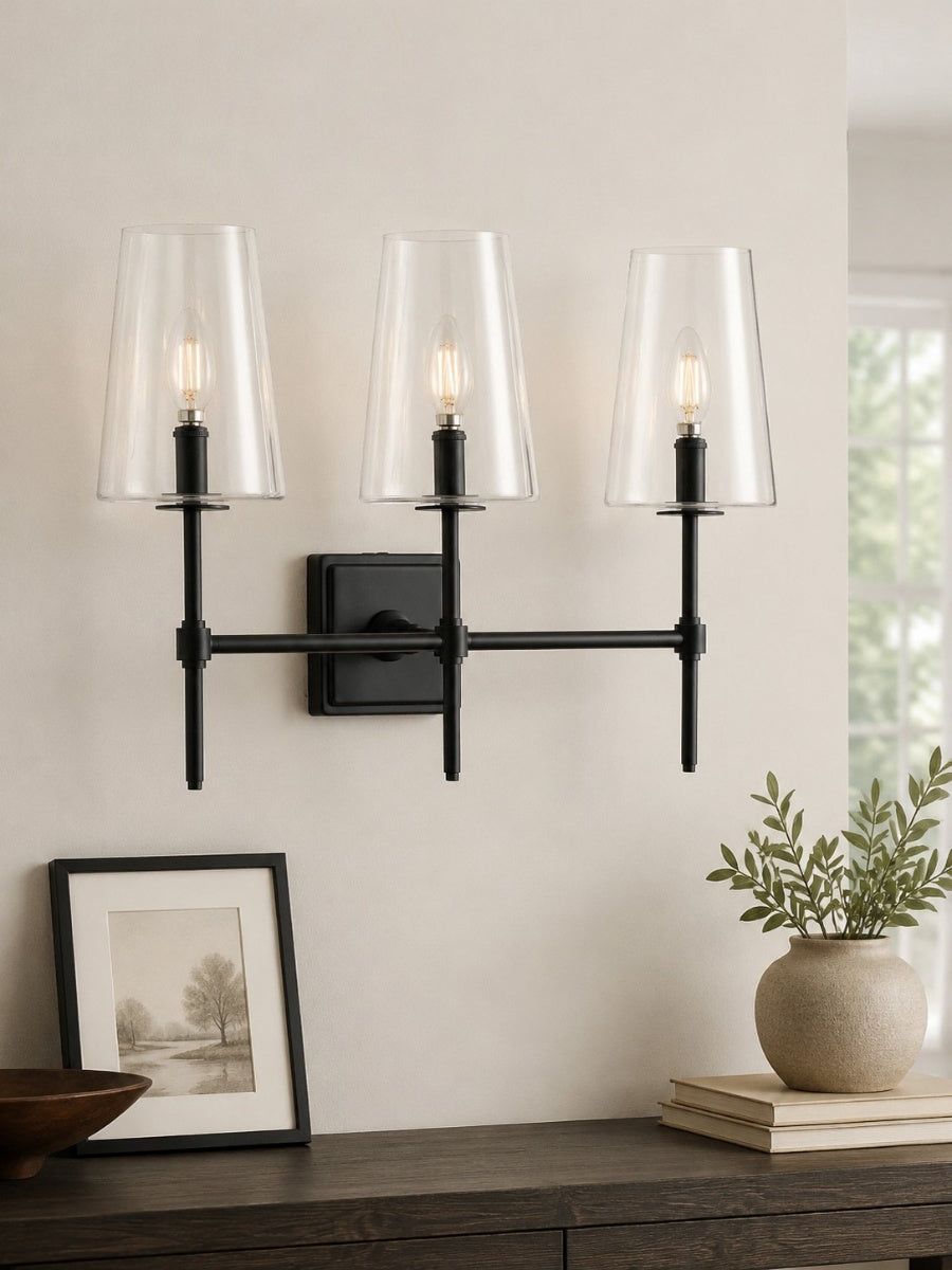 Wandlamp van helder glas — configuratie van één tot drie lampen