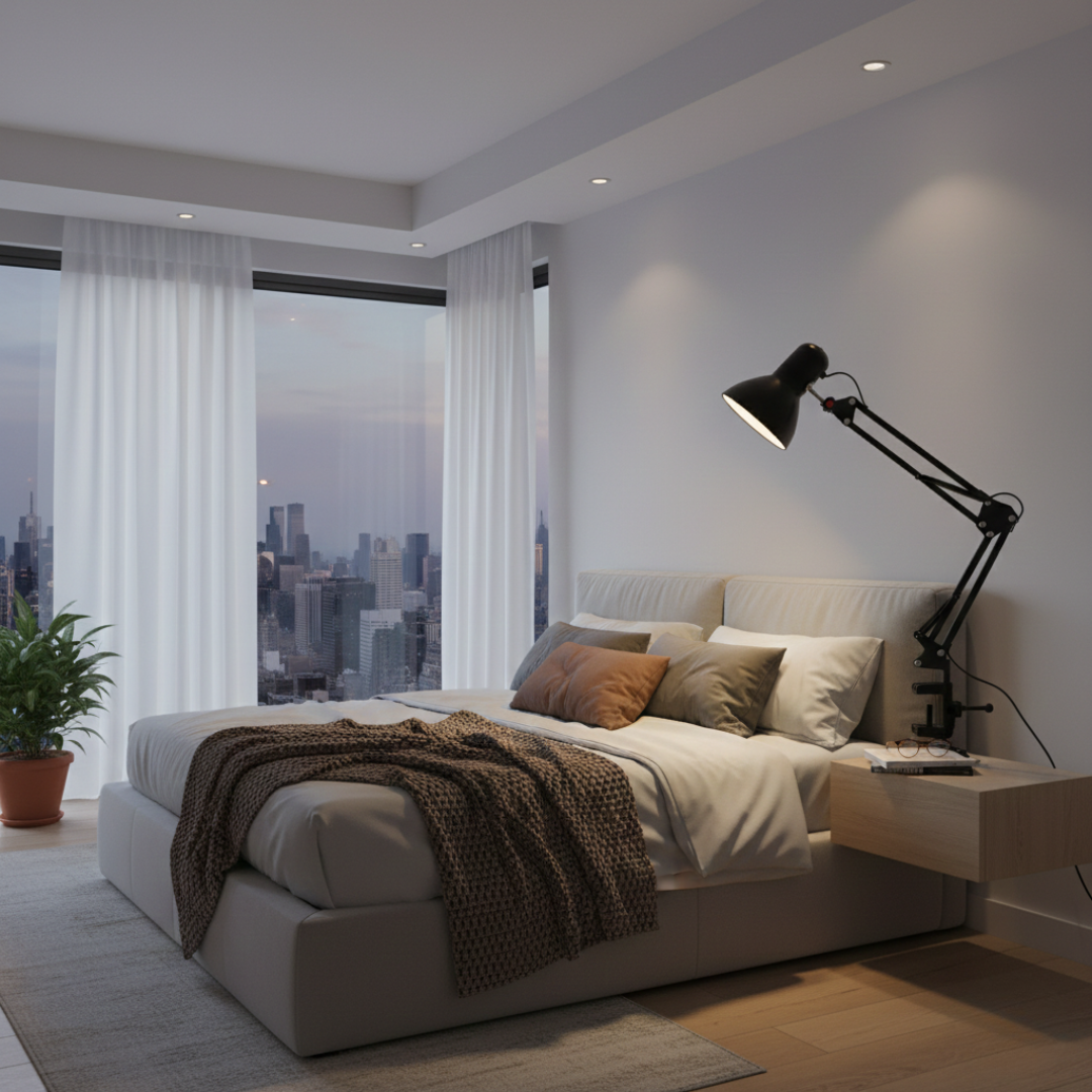 Contemporary Black Swing-Arm Table Lamp — Adjustable Lighting