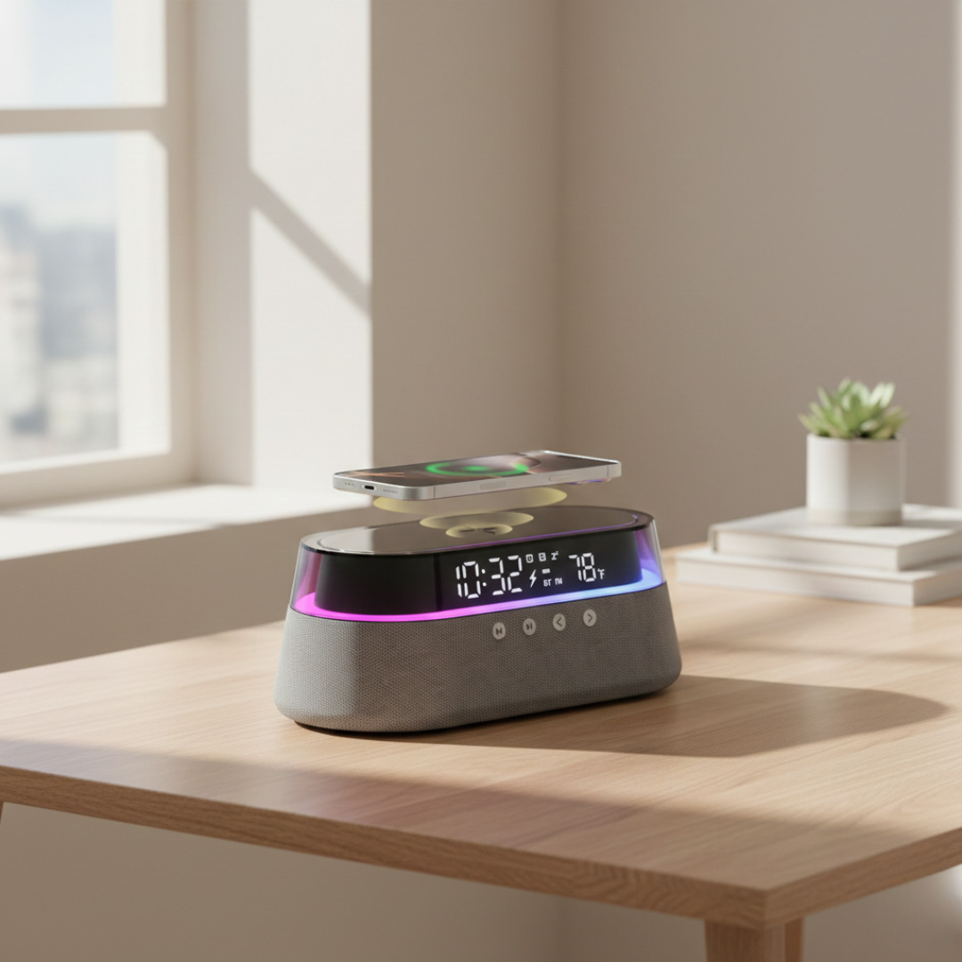 Altavoz Bluetooth compacto con despertador — base de carga inalámbrica de 15W, iluminación ambiental