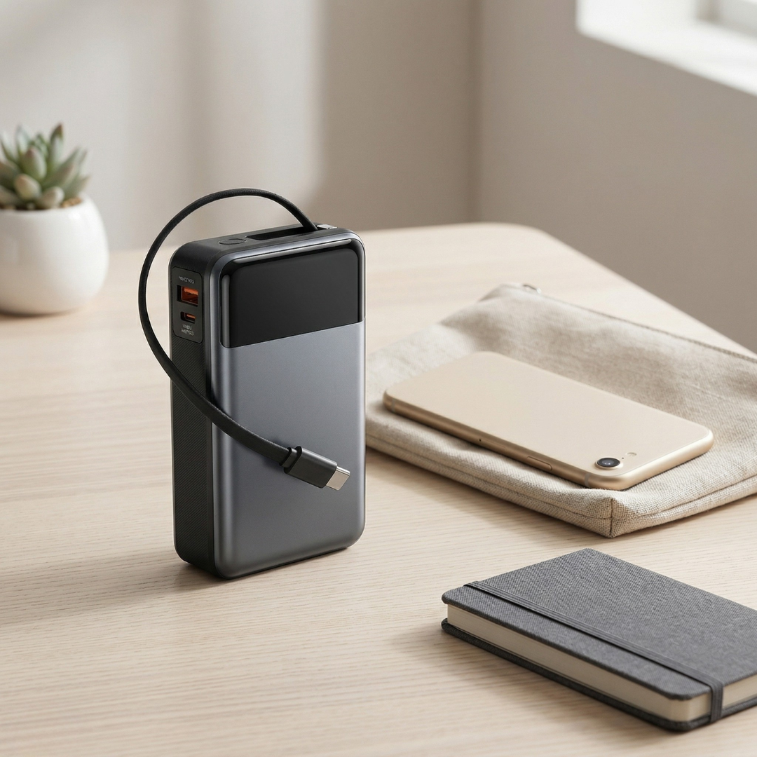 Vention 65W tragbare Powerbank — 20000mAh Kapazität, integriertes USB-C-Kabel
