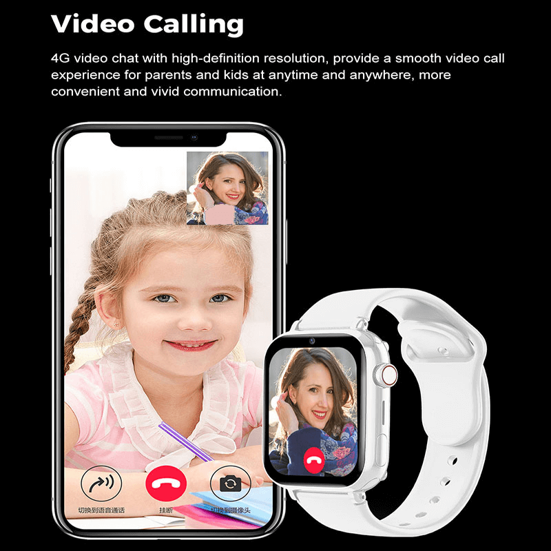 שעון חכם לילדים — שיחות וידאו 4G, מעקב GPS, ורוד, שחור ולבן