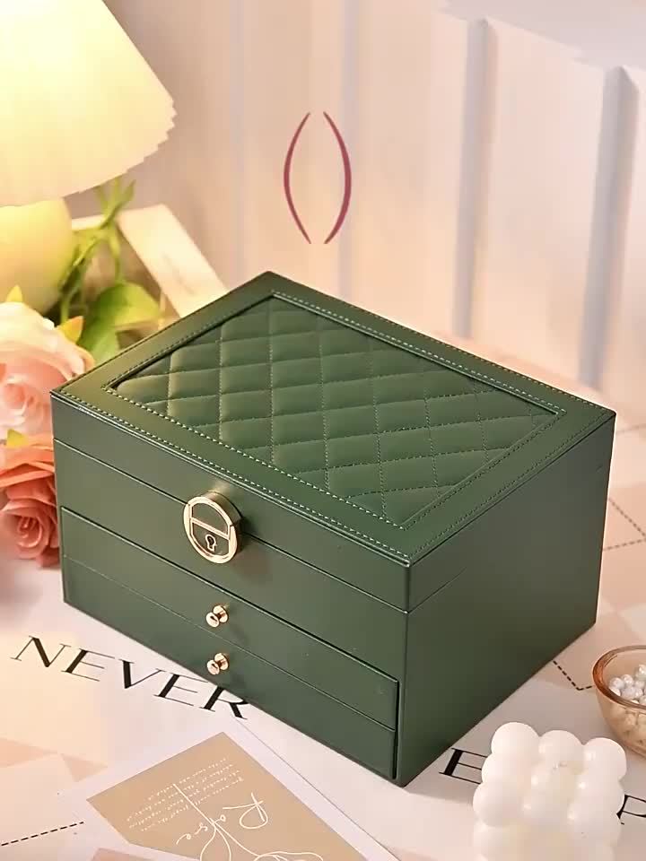 Boîte à bijoux en PU de 25cm — tiroirs, noir, rose et vert