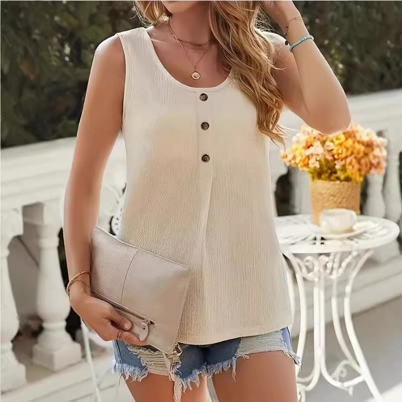 T-shirt femme tendance, texturé, avec boutons, coupe loose, col rond, décontracté
