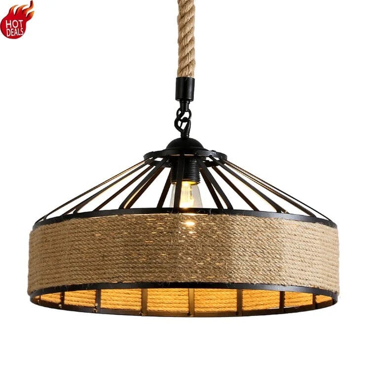 Ropehaven Vintage Pendant Light — Distressed Metal Shade, Hemp Rope Detail