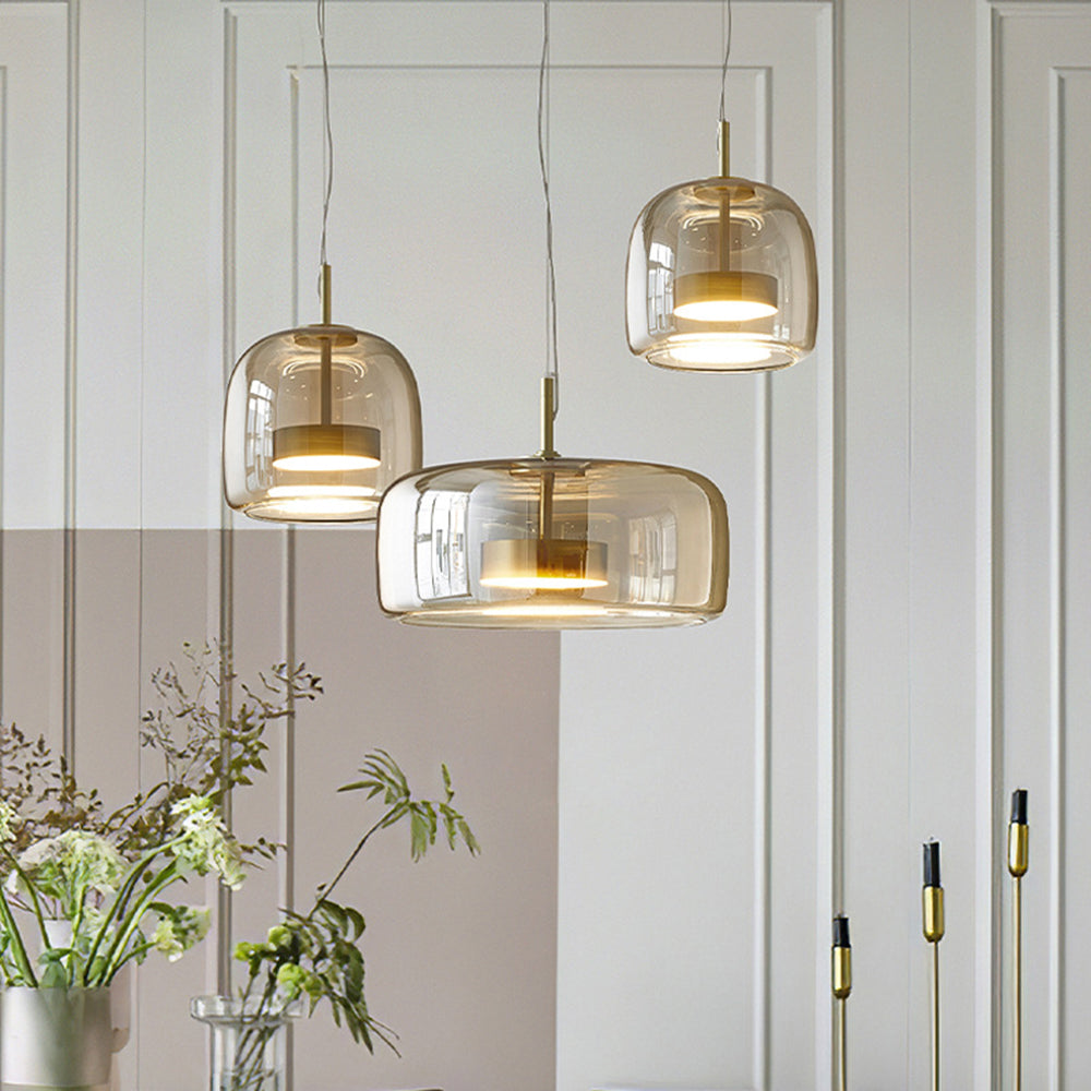 Lumira Retro LED Pendant Light, Gold Metal Frame and Amber Glass Globe