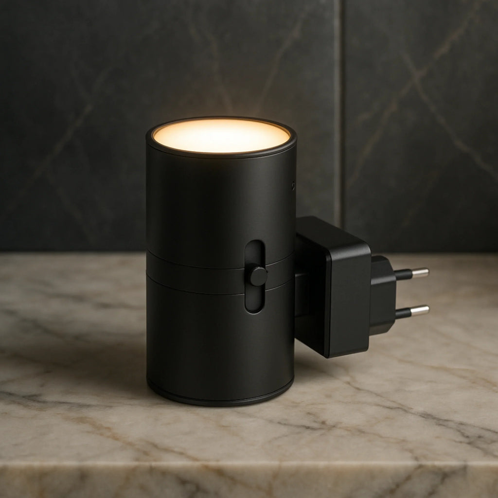 Dimbar vägglampa med stickkontakt — svart och vit LED-nattlampa